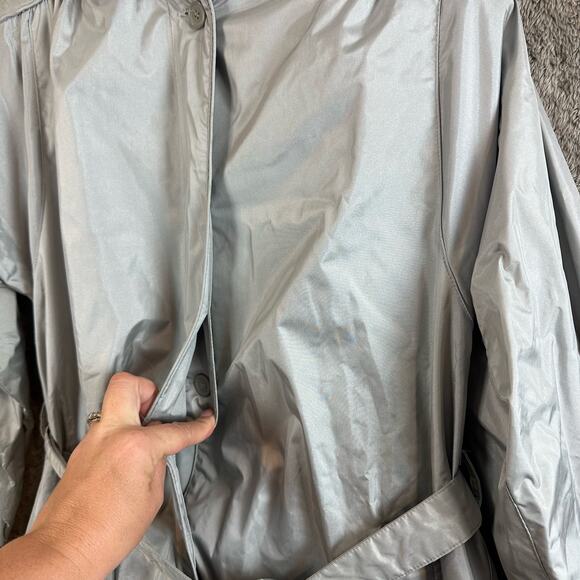 Vintage 80s Changing Scene Silver Nylon Raincoat Belted Trench Coat 12 L Large - Picture 7 of 13